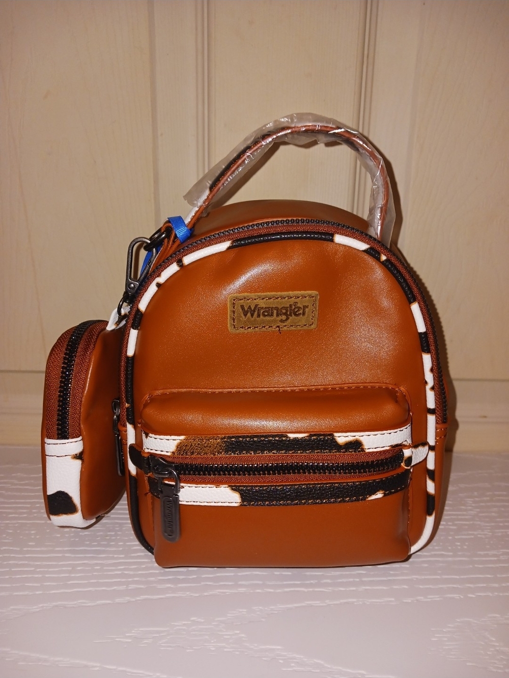 Wrangler Tan Mini Faux Leather Backpack with White & Black Trim